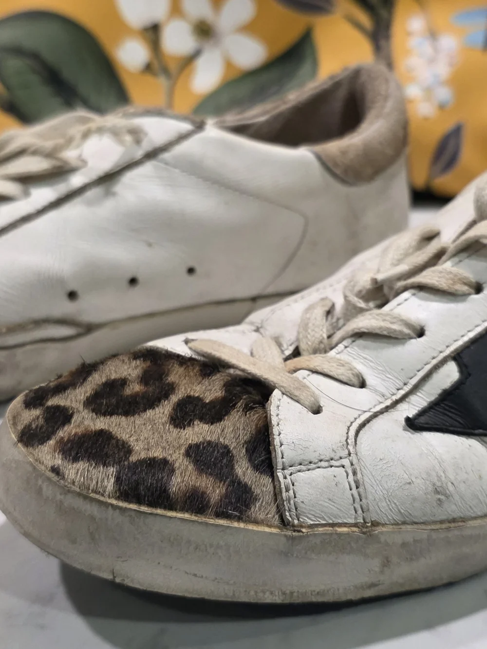 Golden Goose White Leather Sneakers with Leopard Toe and Black Star